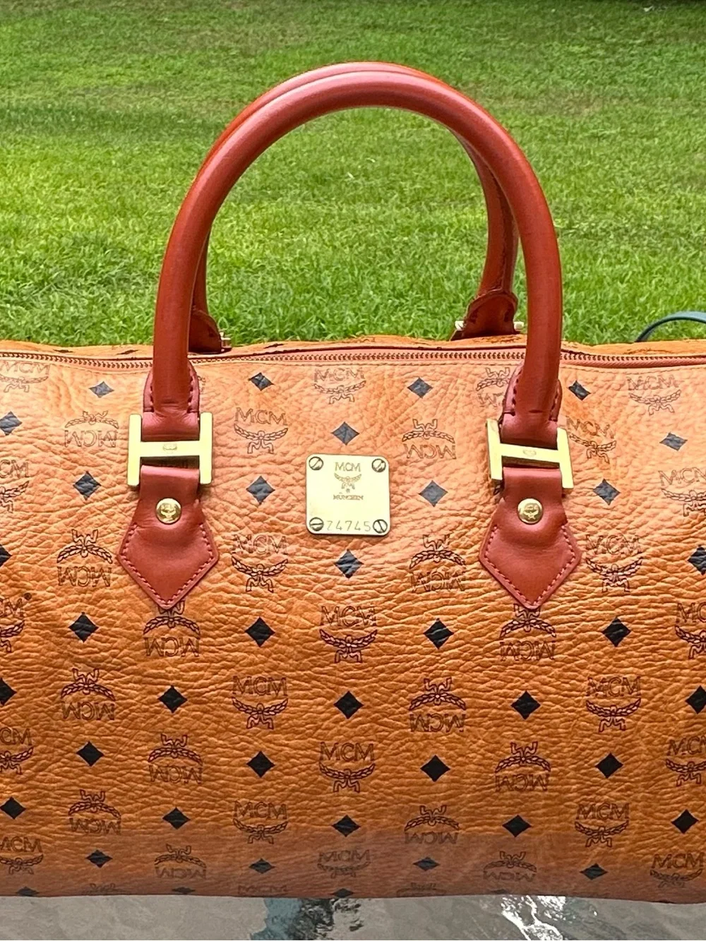 MCM Tan Cognac Monogram Duffel with Brown Leather Handles